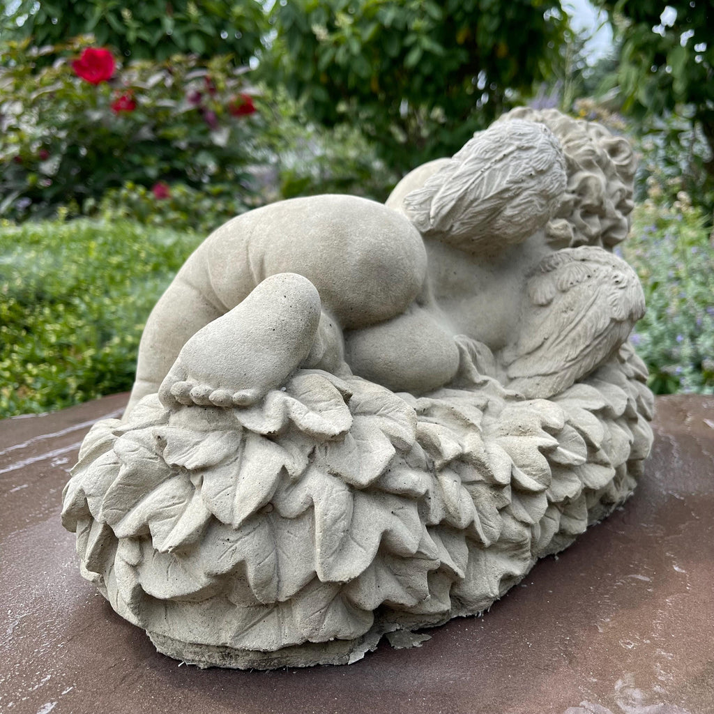 Large Concrete Sleeping Angel Statue on Leaves 17 inch Garden Sculpture Outdoor Memorial Yard Decor