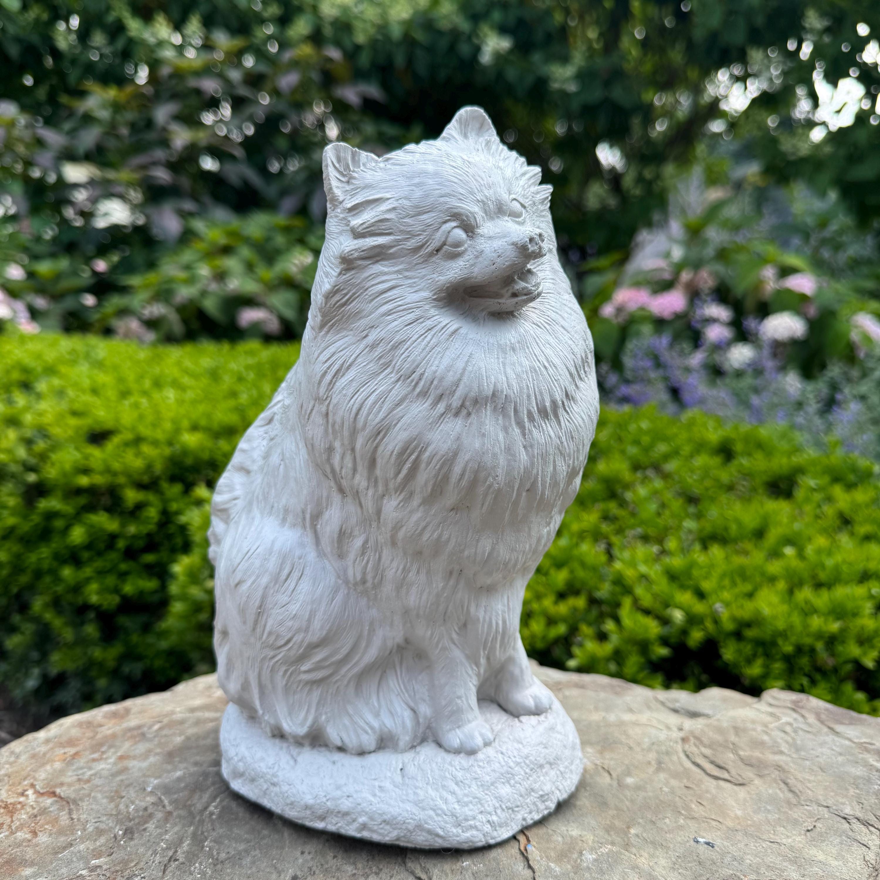 10 Inch Pomeranian Garden Statue: Hand Painted Cement Dog Memorial Sculpture Outdoor Yard Decor Gift