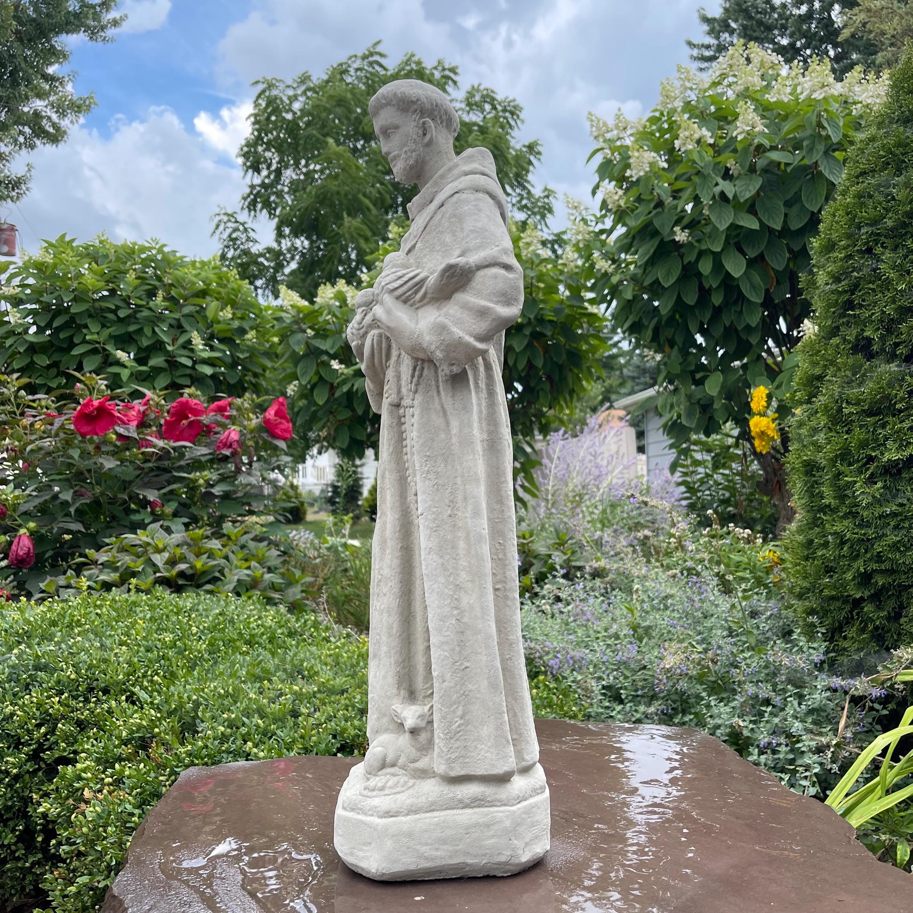 Concrete Saint Francis Statue with Birds 27" Catholic Garden Sculpture Assisi Yard Art Religious Decor