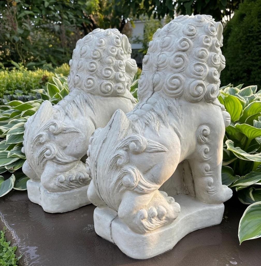 15.5 Concrete Foo Dog Statue Pair Male Female Feng Shui Garden Guardians Protection Outdoor Decor