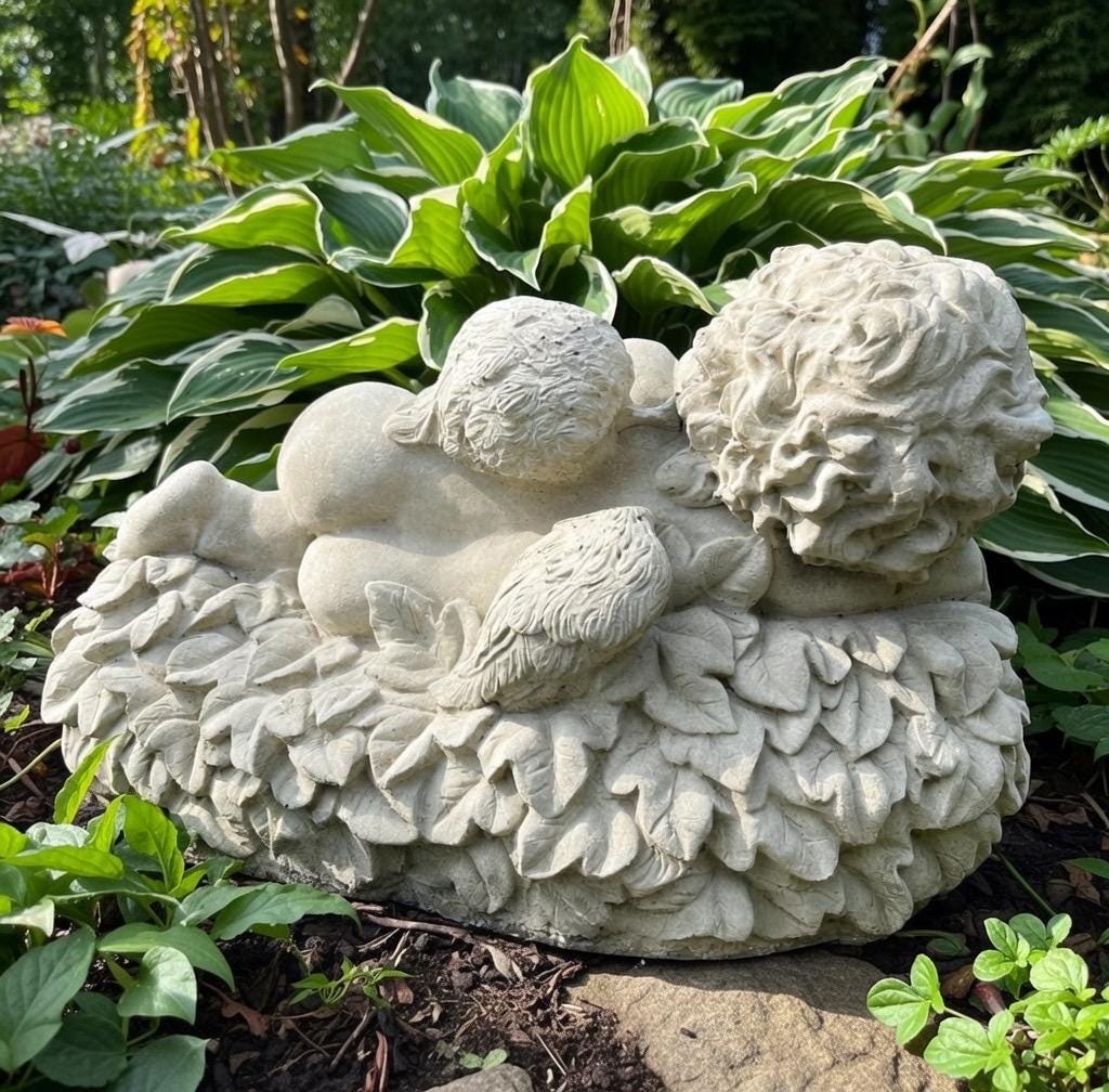 Large Concrete Sleeping Angel Statue on Leaves 17 inch Garden Sculpture Outdoor Memorial Yard Decor