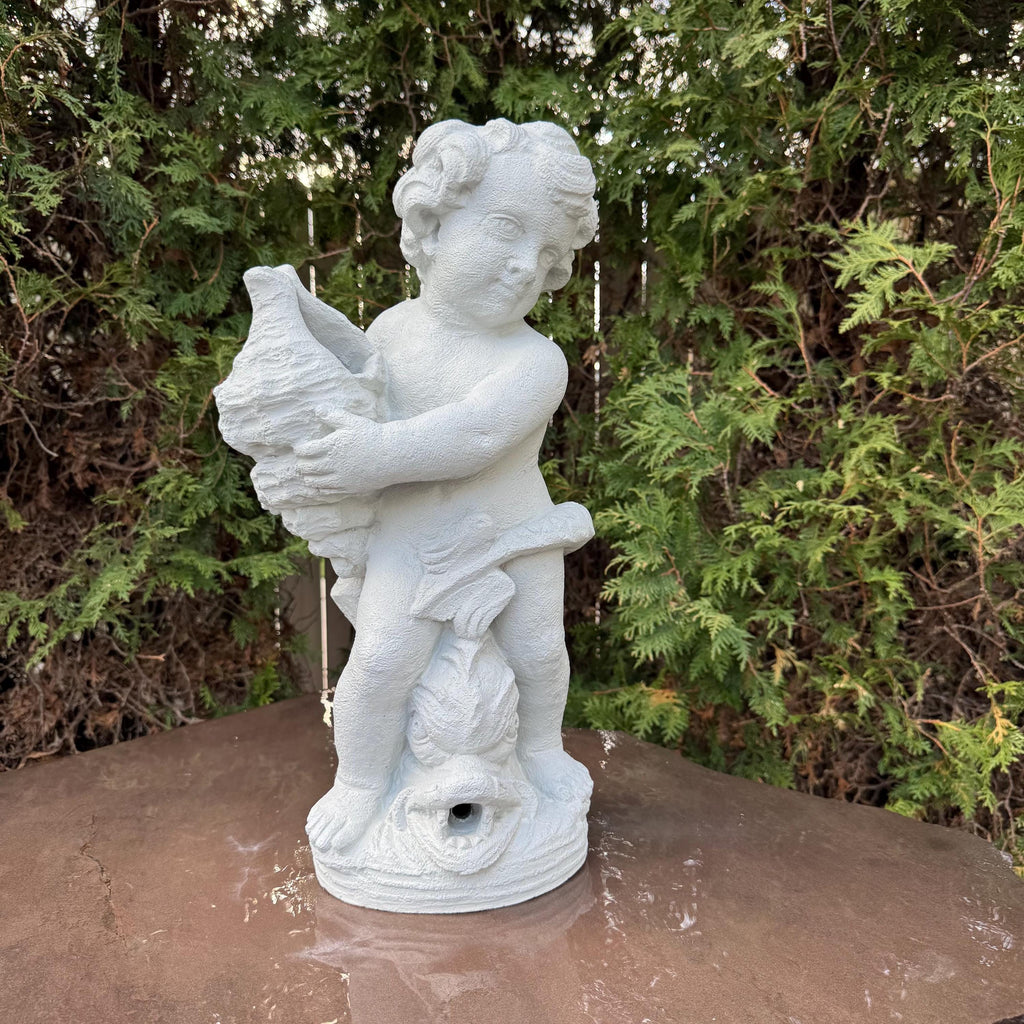 20" Concrete Boy Nautilus Fountain Top Outdoor Garden Pond Statue Water Spitter Topper