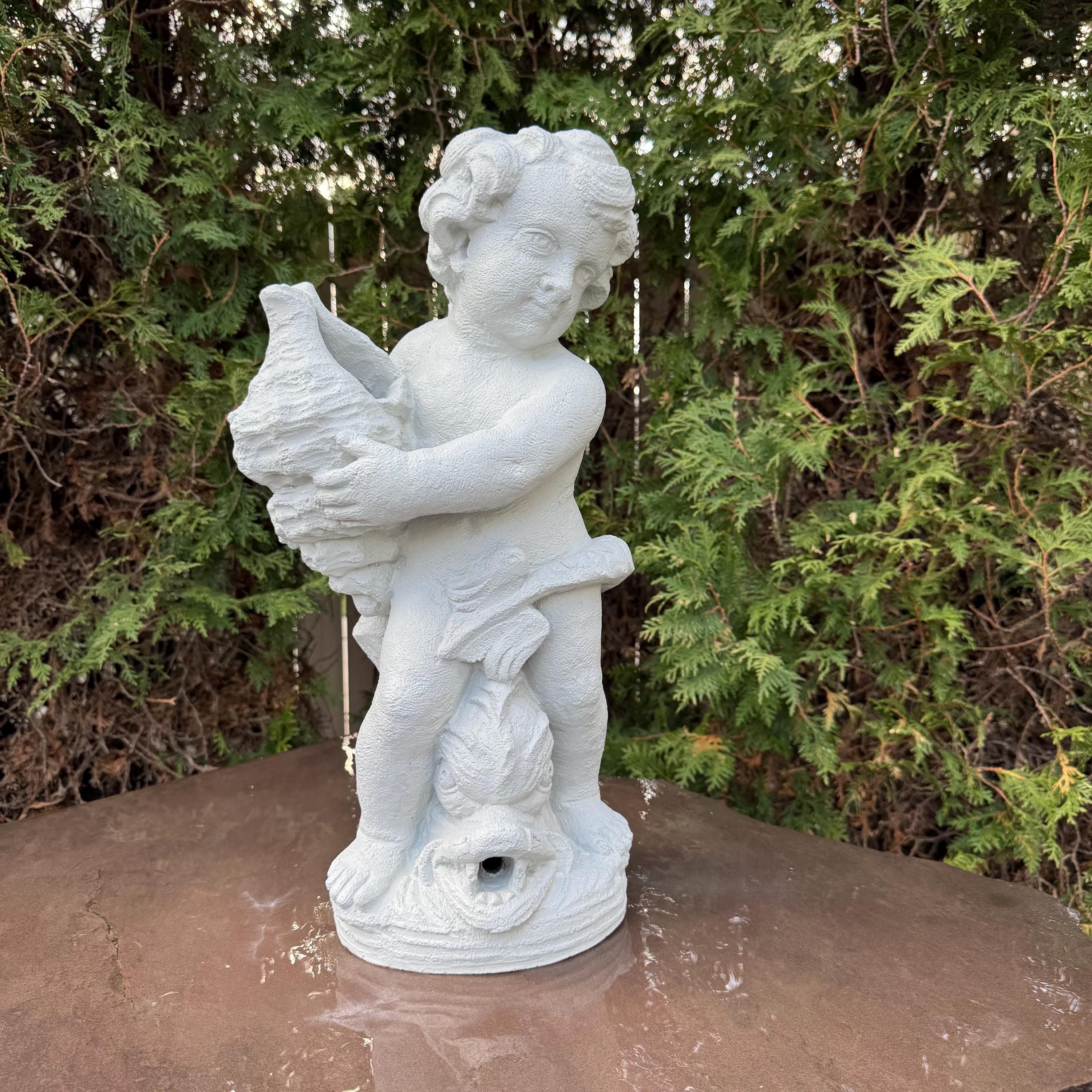 20" Concrete Boy Nautilus Fountain Top Outdoor Garden Pond Statue Water Spitter Topper
