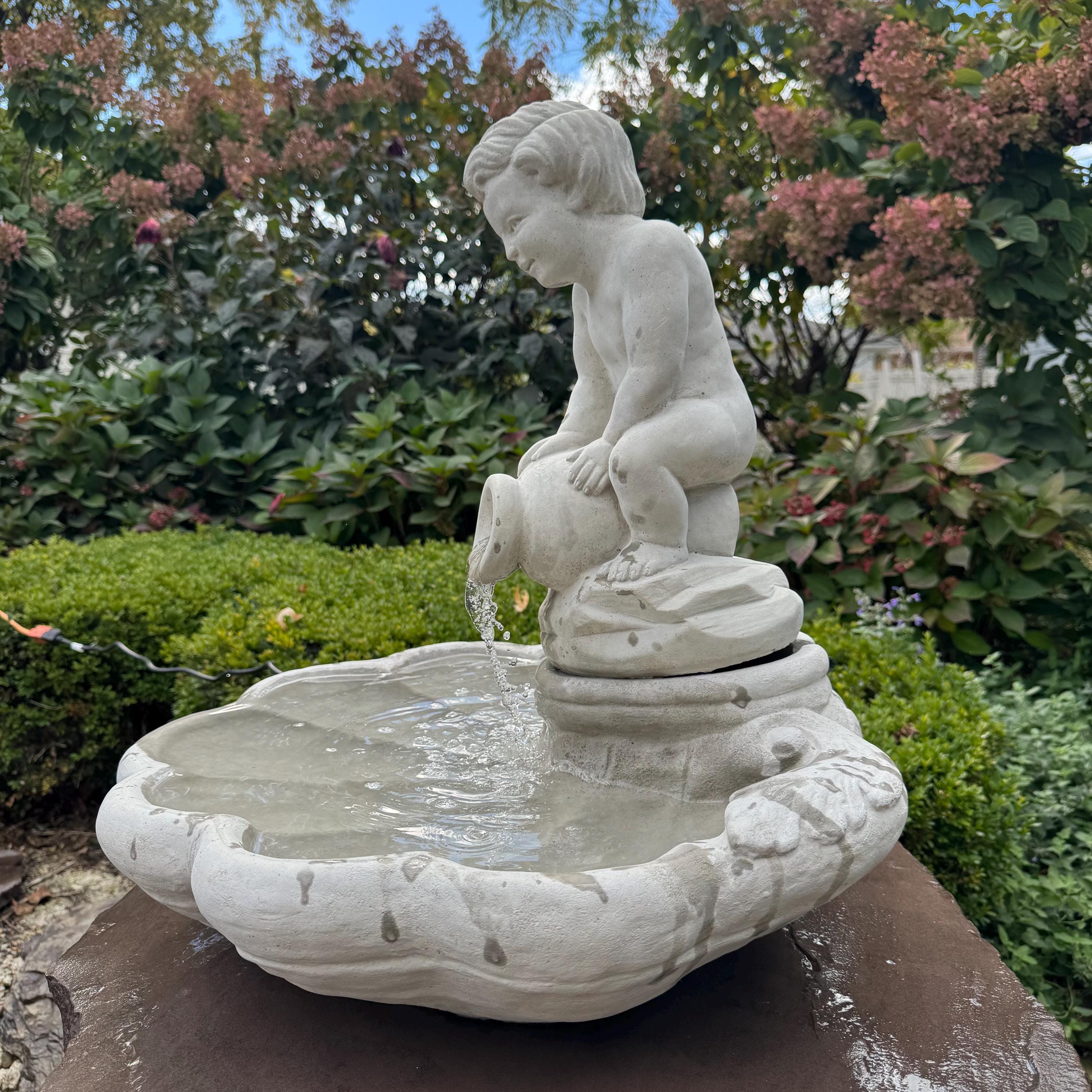 23" Concrete Shell Bowl Fountain Boy Jar Statue Outdoor Garden Water Feature
