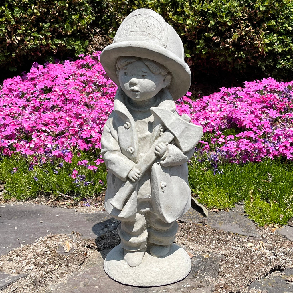 18 Inch Concrete Fireman Garden Statue - Fire Boy Sculpture Yard Art Decor Lawn Ornament Firefighter Gift
