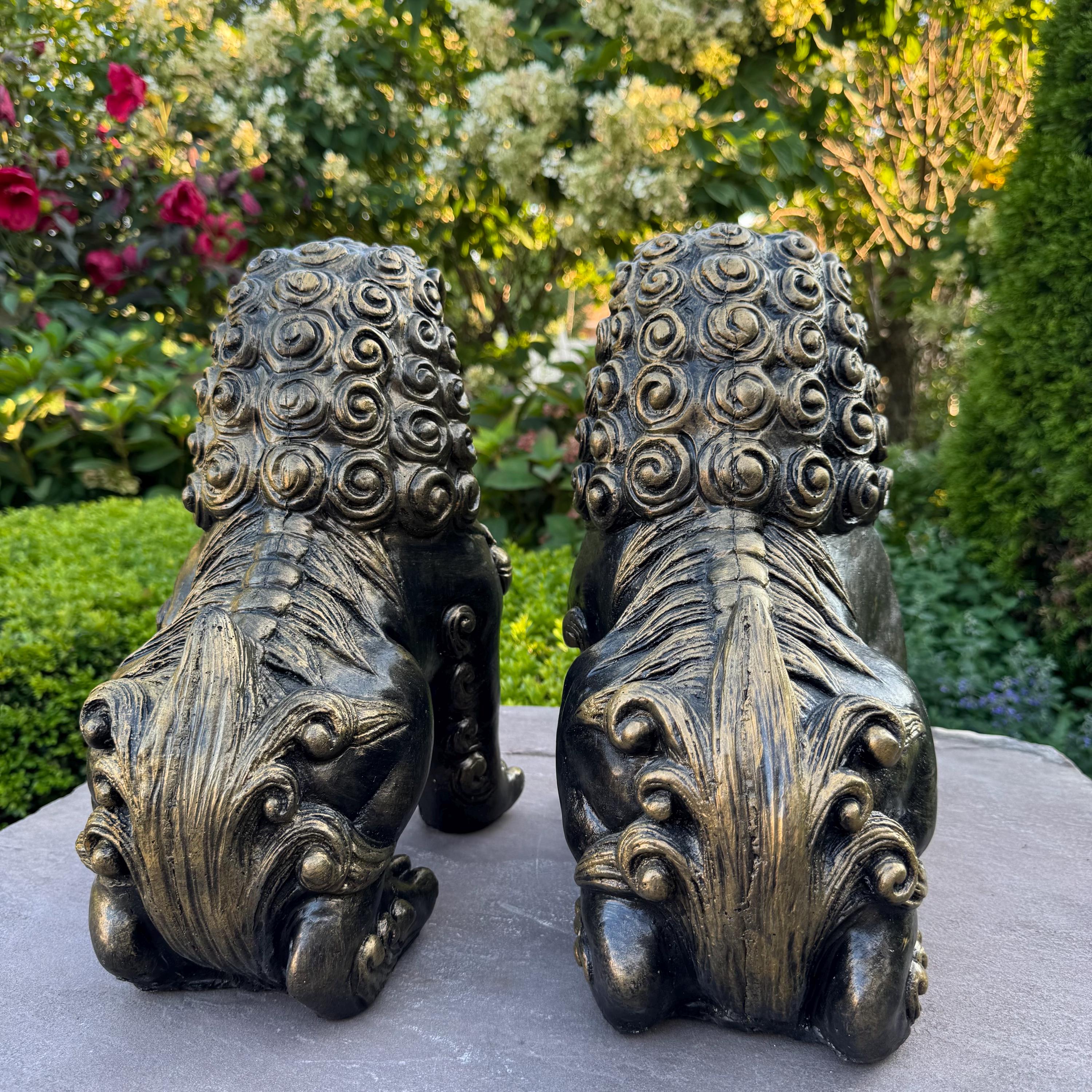 Concrete Foo Dog Statue Pair 14" Male Female Feng Shui Outdoor Garden Guardians Chinese Lion Sculptures Yard Decor