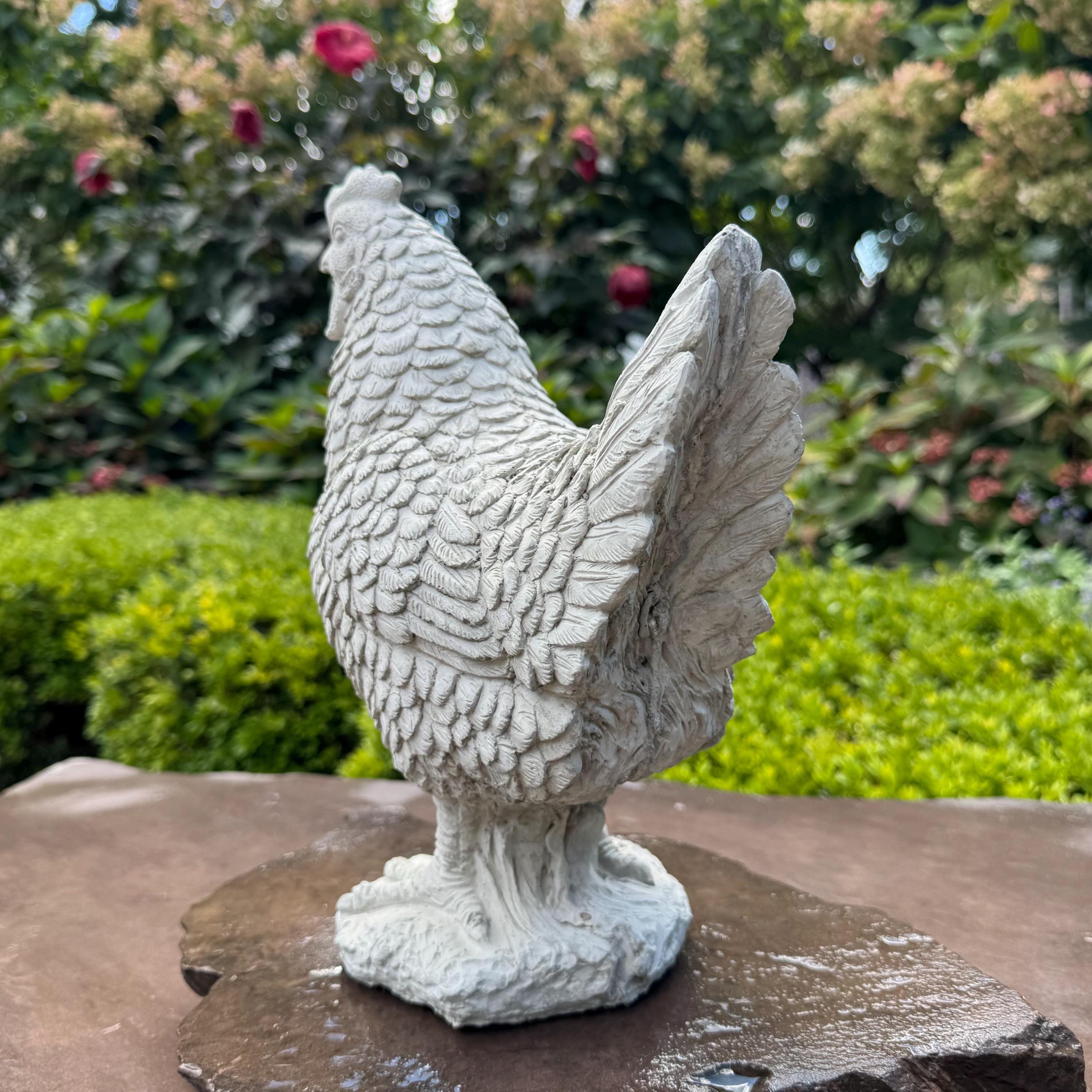 Concrete Chicken Statue 11.75" Garden Sculpture Outdoor Farmhouse Yard Art Animal Decor Gift