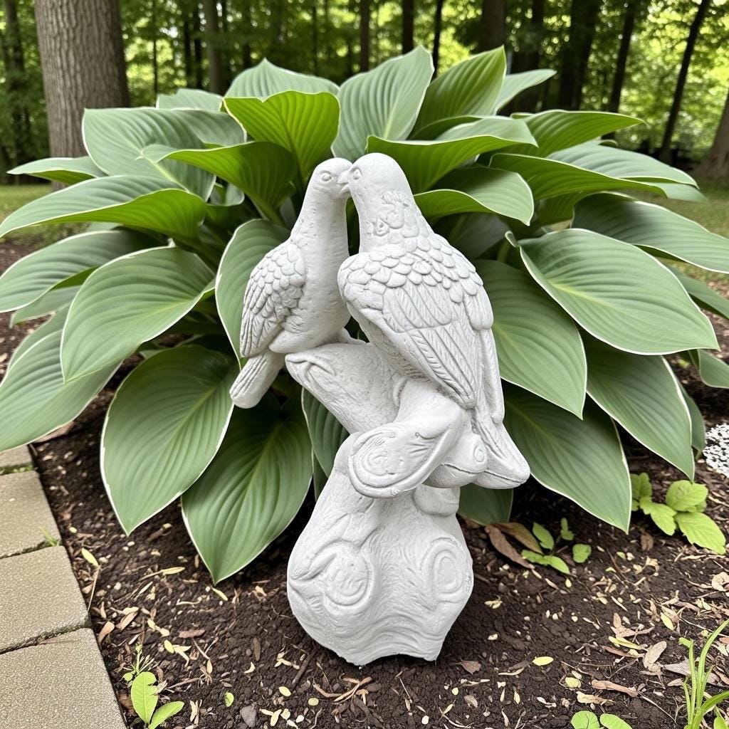 Whimsical Kissing Doves 15" Concrete Garden Statue - Painted Bird Art Outdoor Valentine's Day Gift