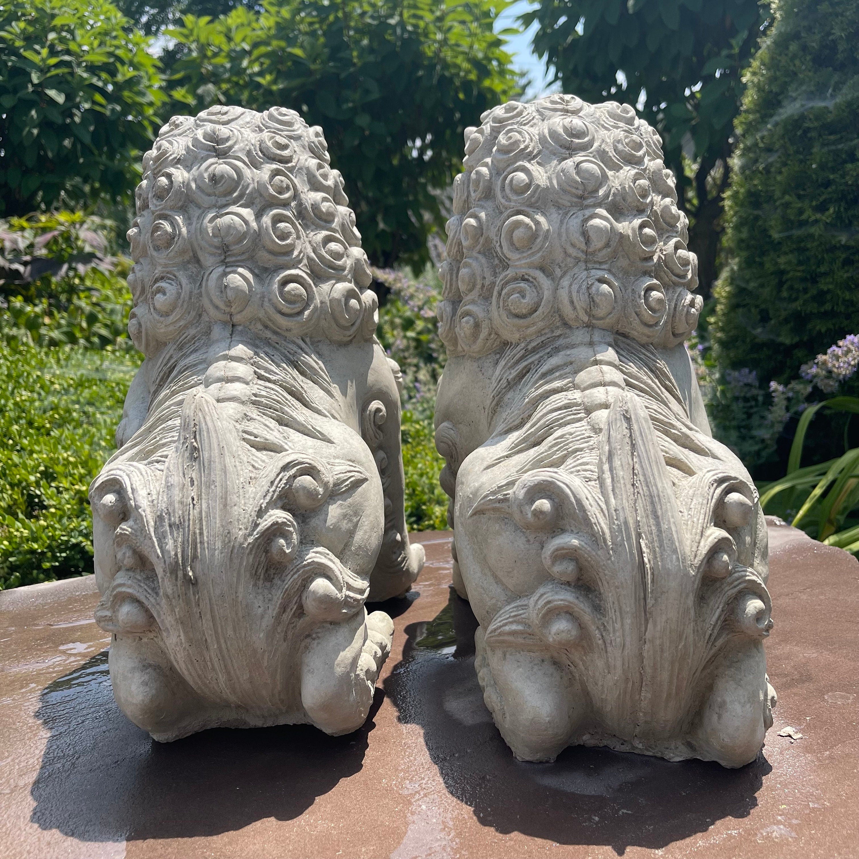 Concrete Foo Dog Statue Pair 14" Male Female Feng Shui Garden Guardians Outdoor Yard Protection Decor