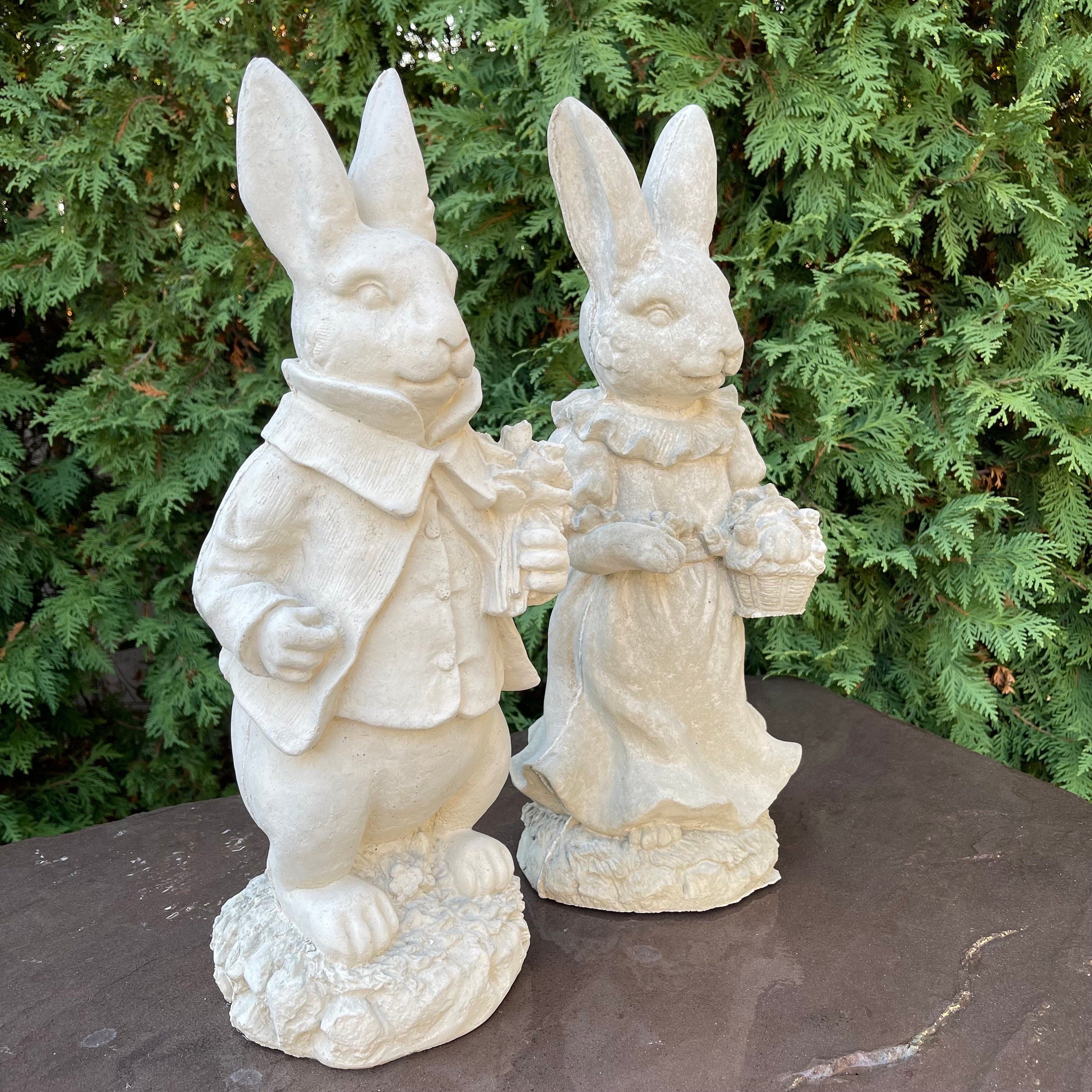 Large Lily Bobtail & Peter Rabbit Garden Statue Set 17" Beatrix Potter Outdoor Sculptures Cement Yard Decor