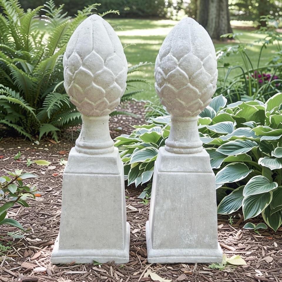 Artichoke Finial Statues Set of 2: 14" Concrete Garden Sculptures for Yard Decor & Landscaping