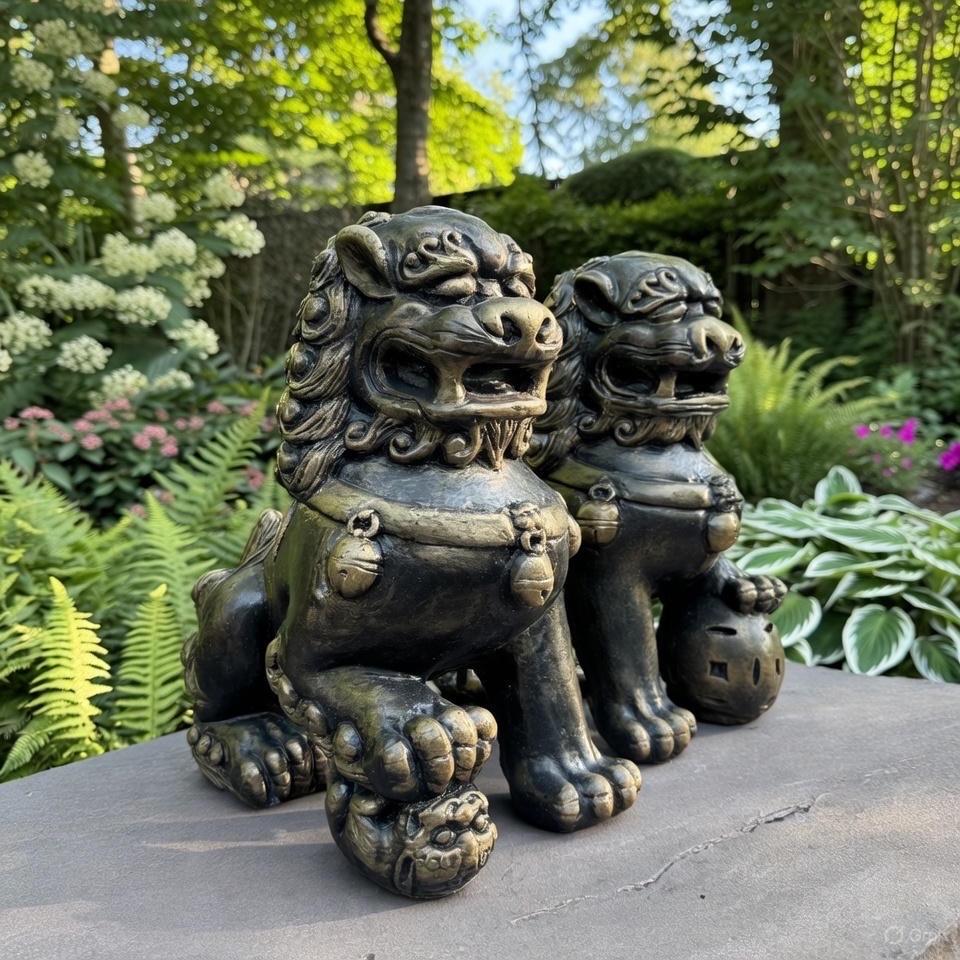 Concrete Foo Dog Statue Pair 14" Male Female Feng Shui Outdoor Garden Guardians Chinese Lion Sculptures Yard Decor