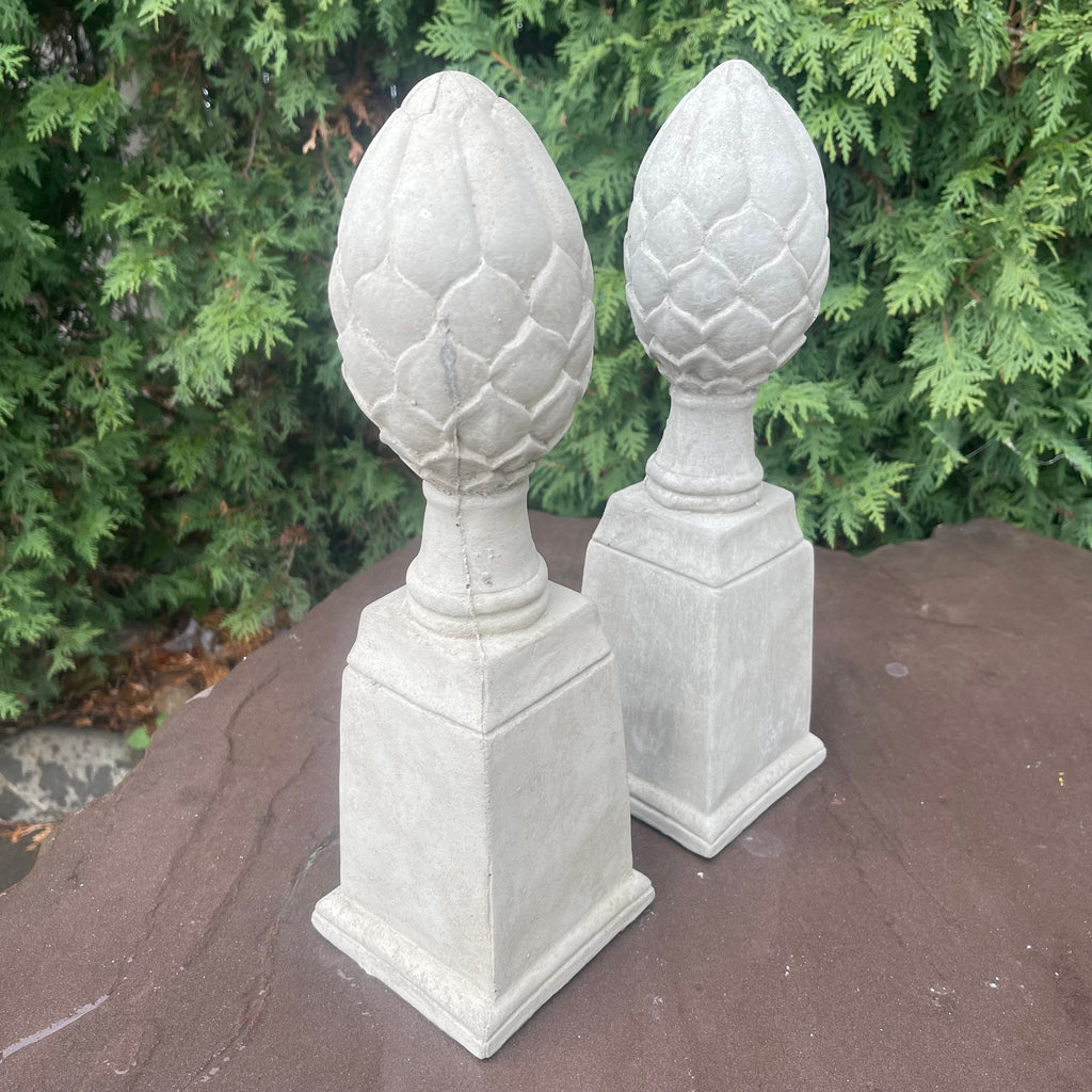 Artichoke Finial Statues Set of 2: 14" Concrete Garden Sculptures for Yard Decor & Landscaping