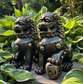 Concrete Foo Dog Statue Pair 14" Male Female Feng Shui Outdoor Garden Guardians Chinese Lion Sculptures Yard Decor