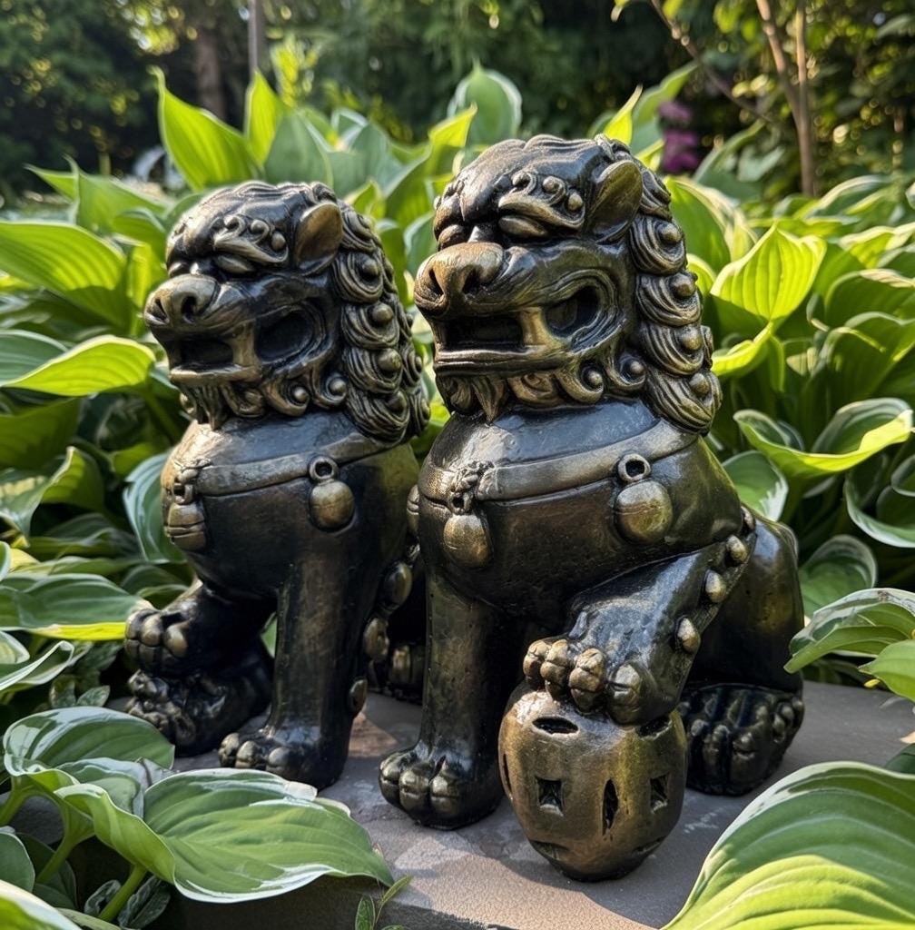 Concrete Foo Dog Statue Pair 14" Male Female Feng Shui Outdoor Garden Guardians Chinese Lion Sculptures Yard Decor