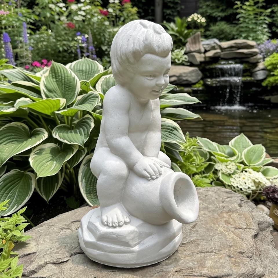 15" Concrete Boy Spitter Statue Fountain Top Replacement Garden Water Feature Ornament Outdoor Yard Decor