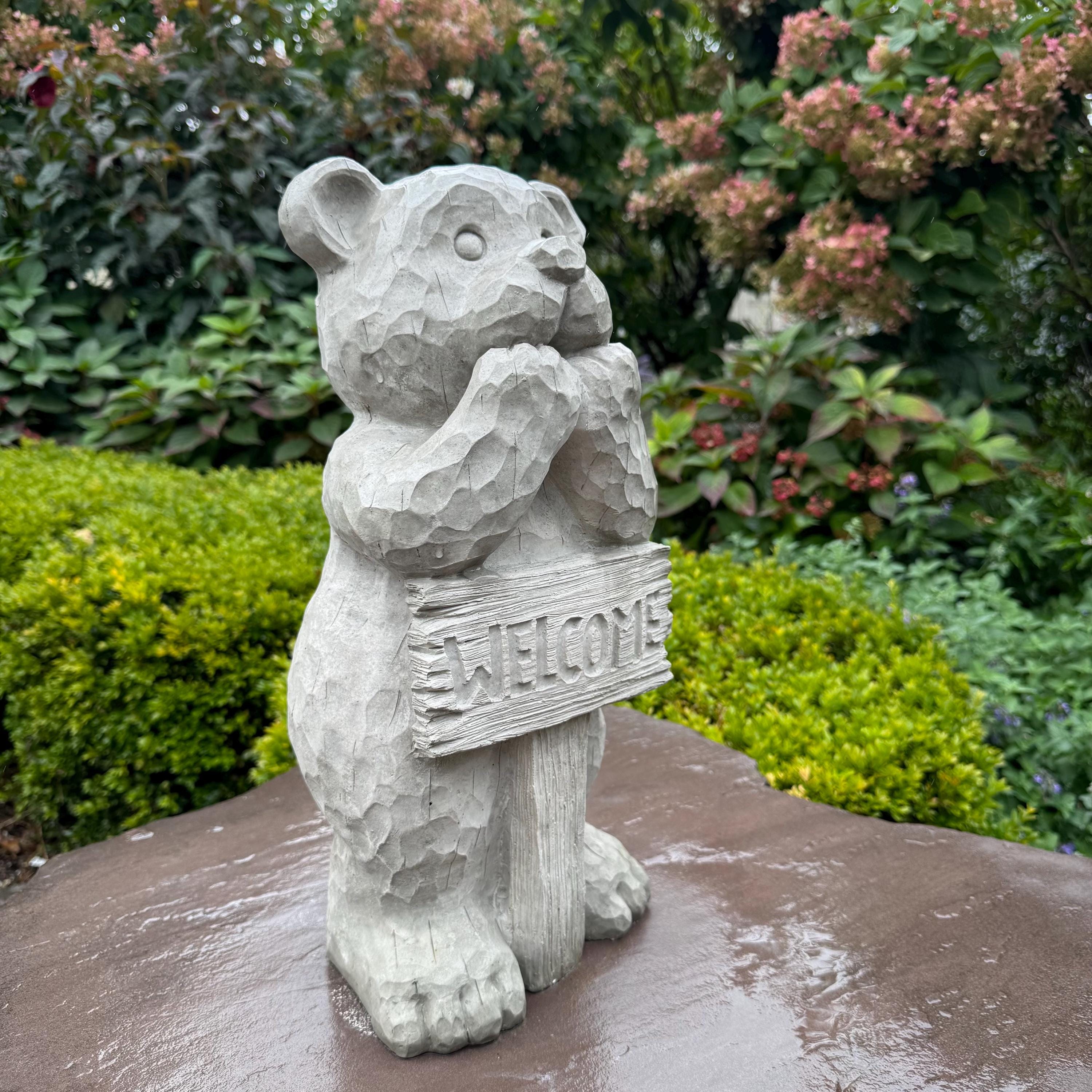 Concrete Bear Garden Statue with Welcome Sign - 17" Outdoor Decor