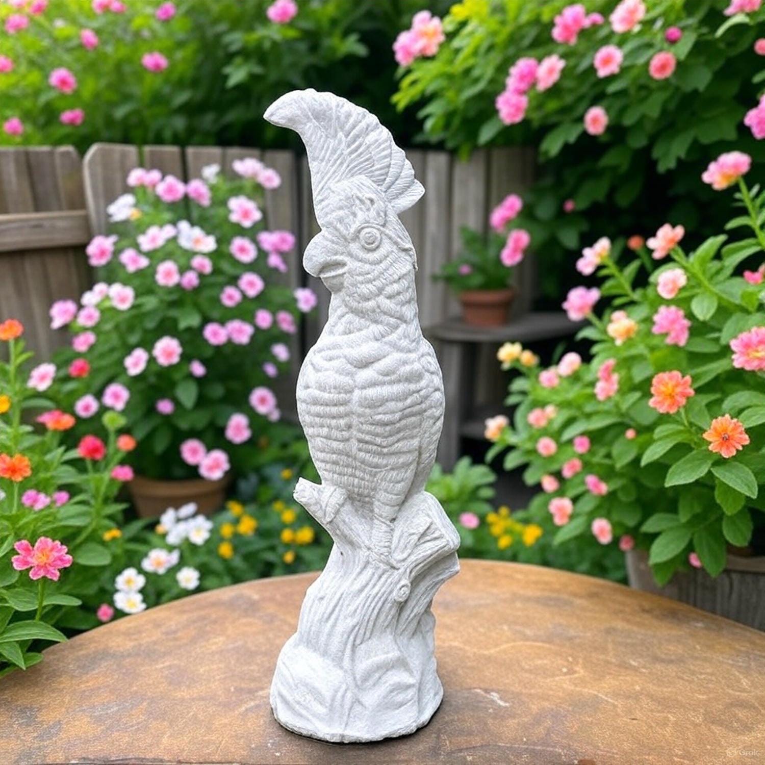 Cockatoo Bird Statue: 13 Inch Concrete Garden Sculpture Outdoor Parrot Decor