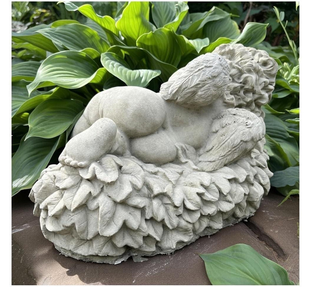 Large Concrete Sleeping Angel Statue on Leaves 17 inch Garden Sculpture Outdoor Memorial Yard Decor
