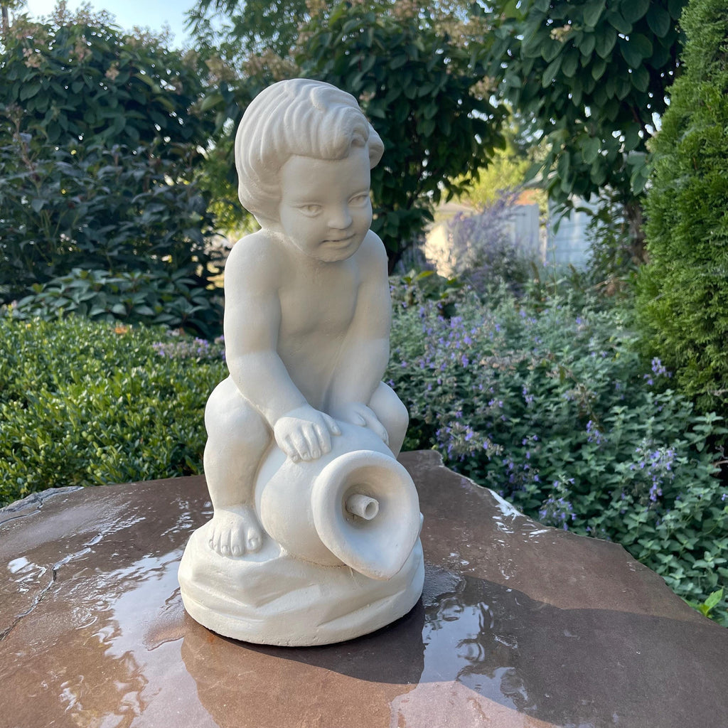 Concrete Boy on Jar Fountain Spitter 15" Outdoor Garden Statue Pond Spout Water Featureq