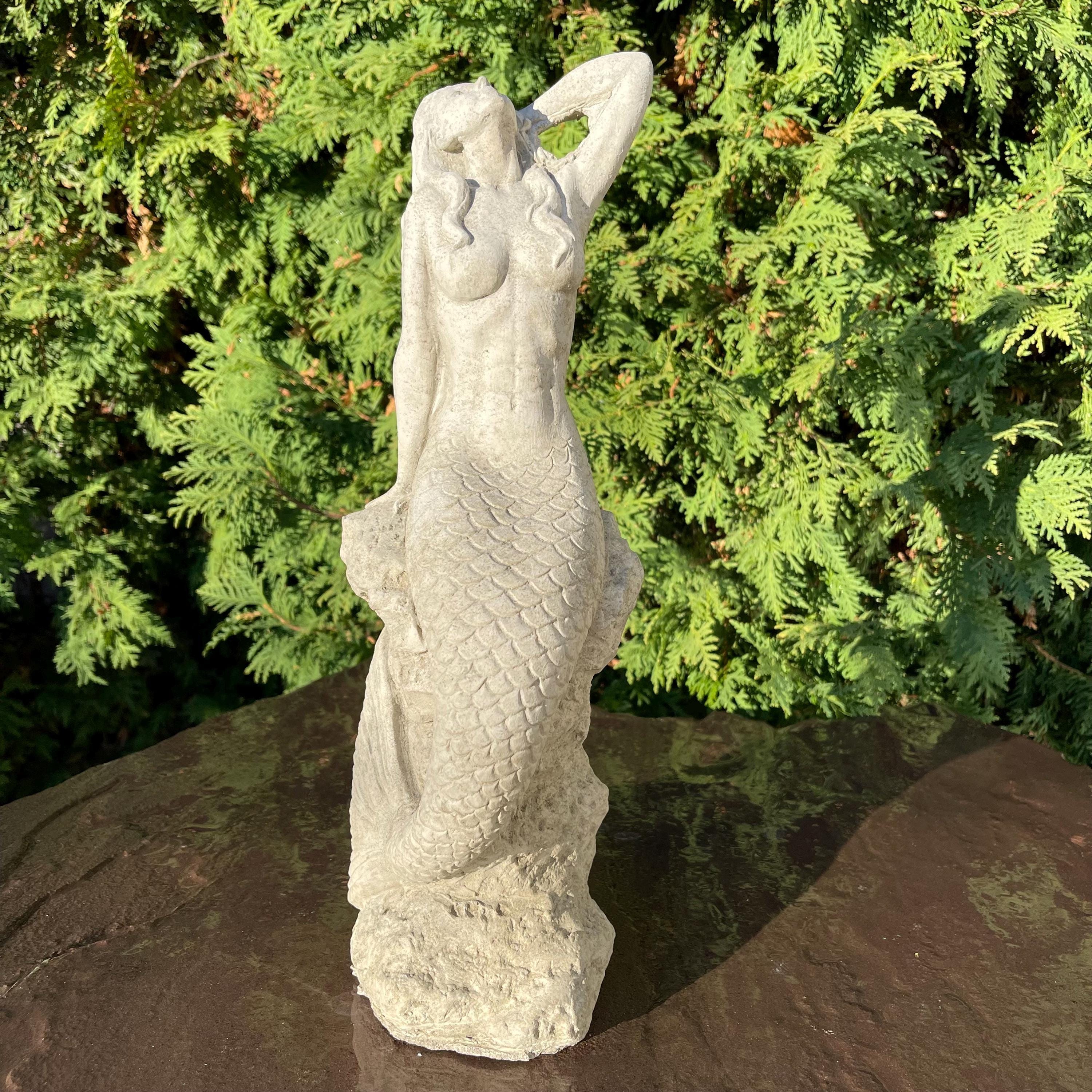 15 inch Concrete Mermaid Sculpture: Coastal Garden Statue Decor Ocean Themed Yard Art Lawn Ornament Gift