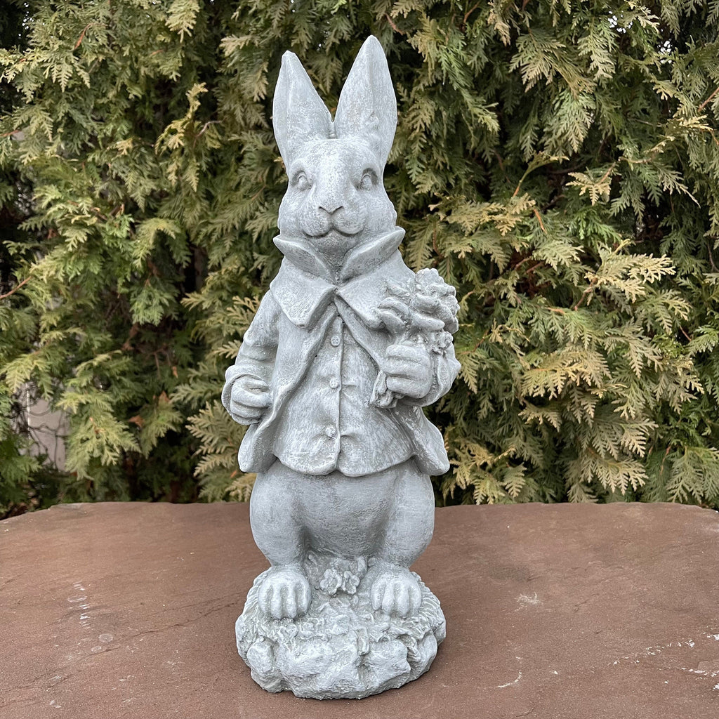 Large Concrete Rabbit Statue 16 Inch Modern Garden Bunny Sculpture with Flowers Yard Art Lawn Ornament