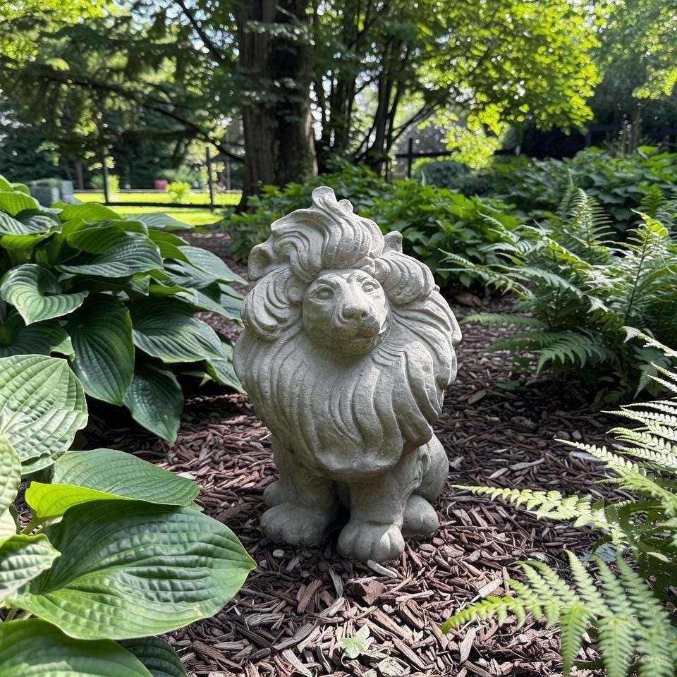 Sitting Concrete Lion Statue 16 Inch Garden Sculpture Outdoor Decor Lawn Ornament Animal Figure Yard Art