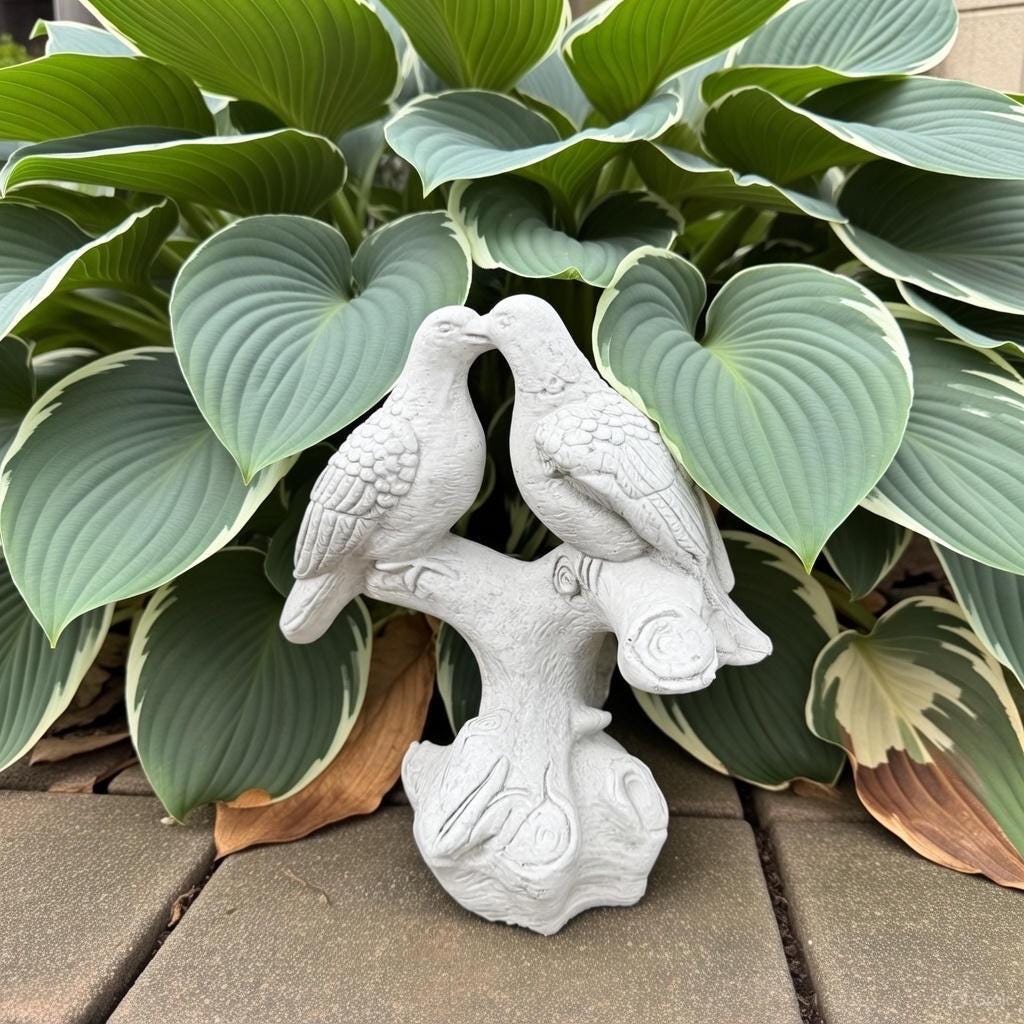 Whimsical Kissing Doves 15" Concrete Garden Statue - Painted Bird Art Outdoor Valentine's Day Gift