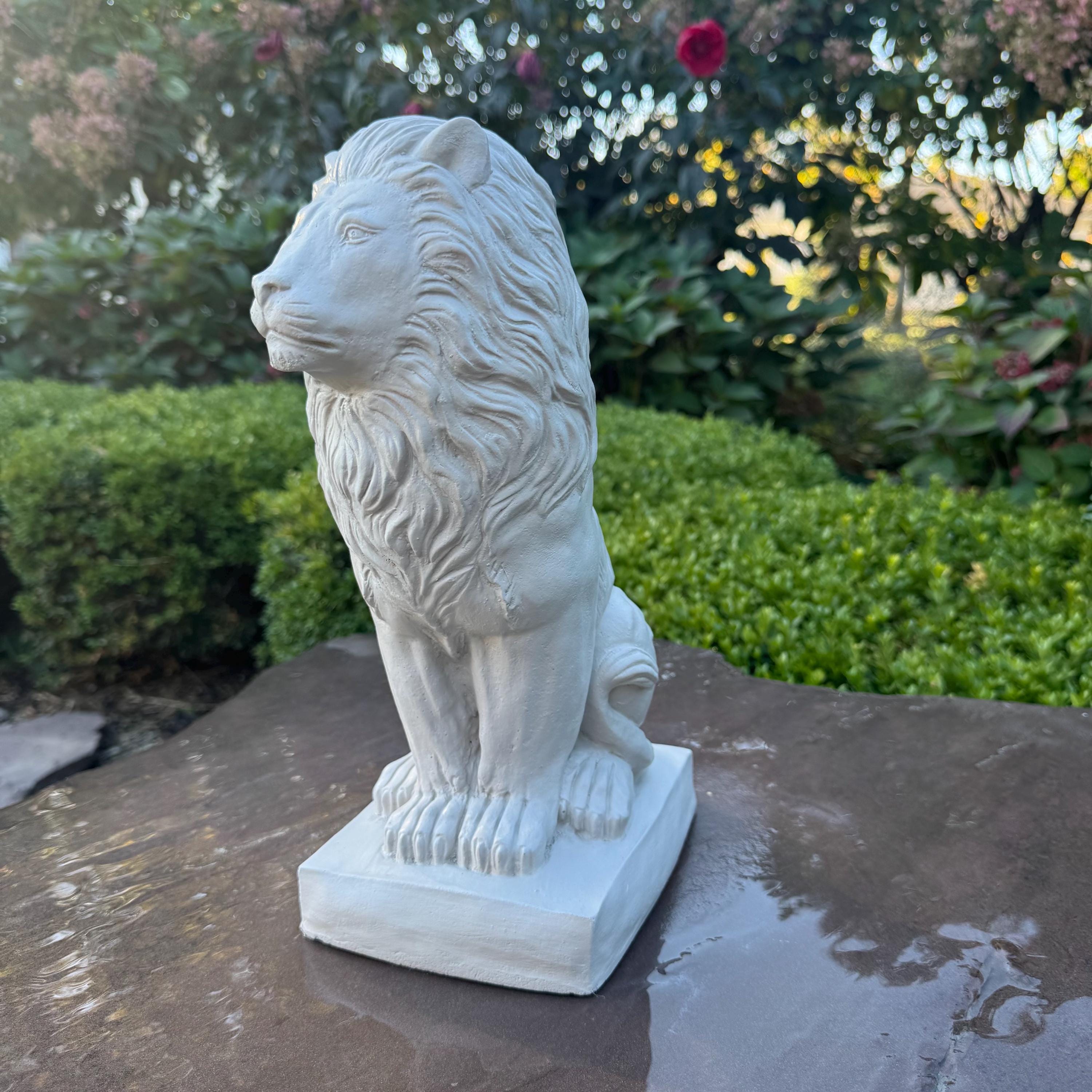 13.5" Sitting Concrete Lion Statue - Garden Sculpture Outdoor Lawn Ornament Animal Figure Decor