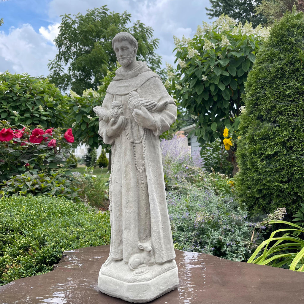 Concrete Saint Francis Statue with Birds 27" Catholic Garden Sculpture Assisi Yard Art Religious Decor