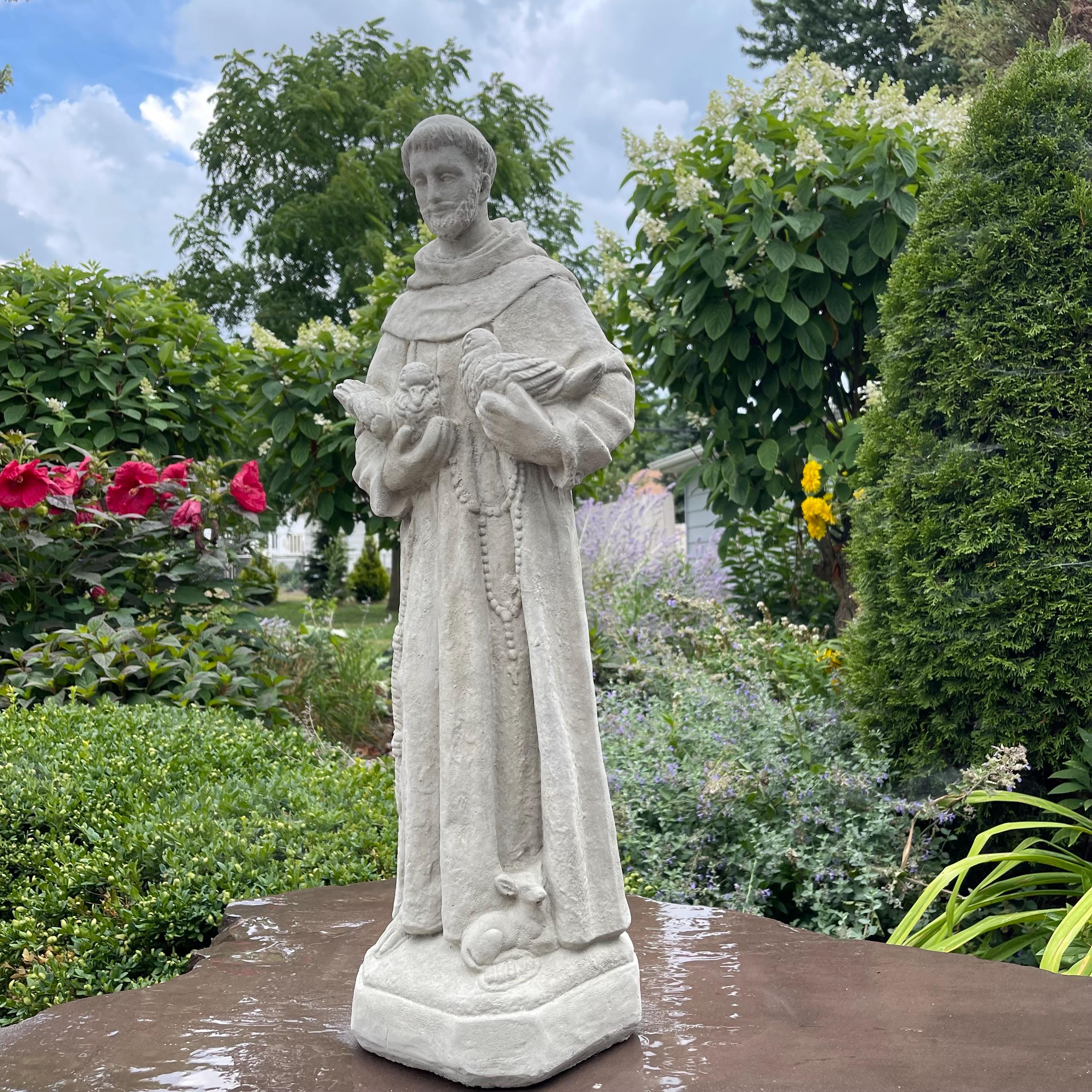 Concrete Saint Francis Statue with Birds 27" Catholic Garden Sculpture Assisi Yard Art Religious Decor