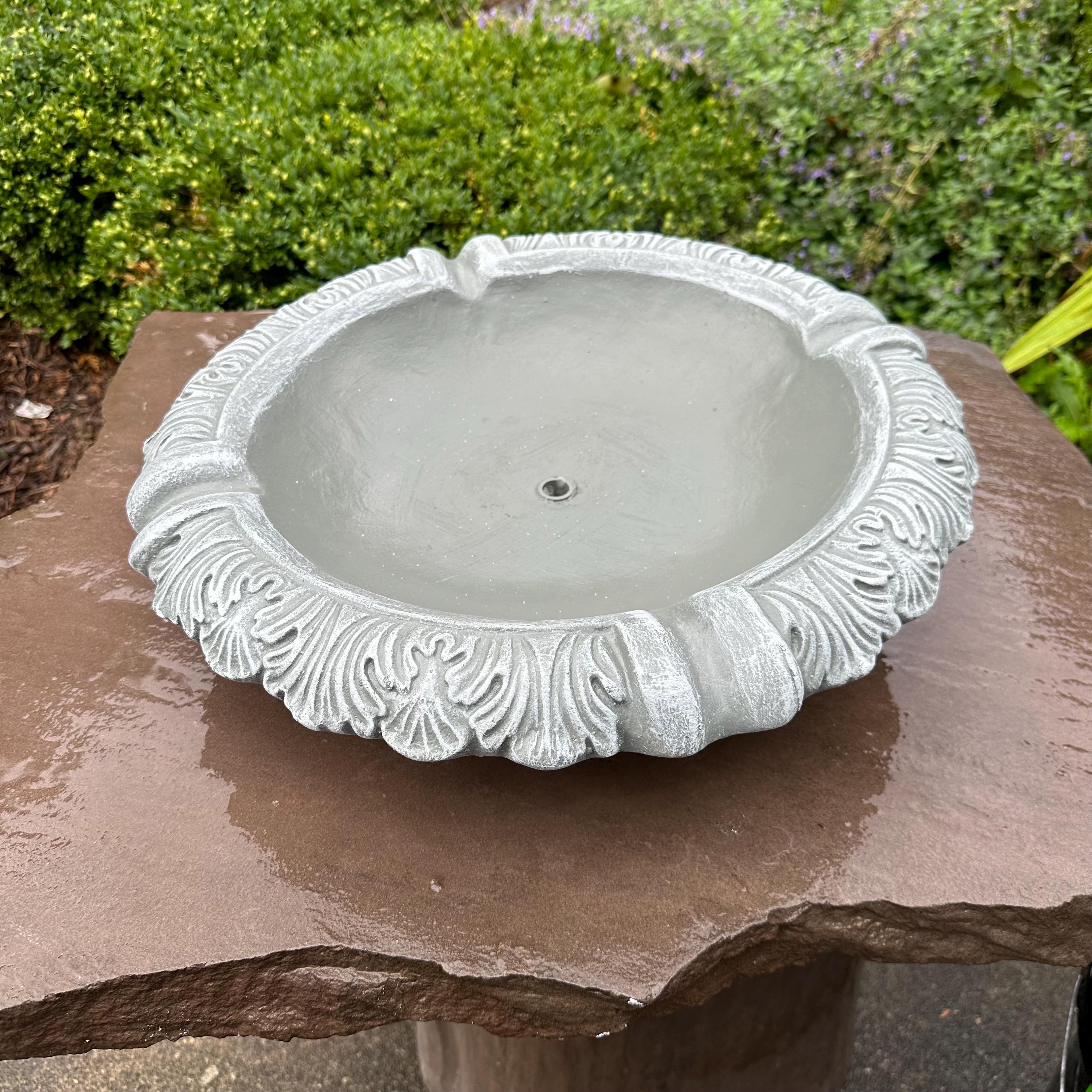Concrete Fountain Bowl Top: 19" Leafy Garden Water Feature, Painted Cement Topper