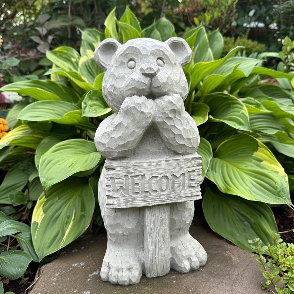 Concrete Bear Garden Statue with Welcome Sign - 17" Outdoor Decor