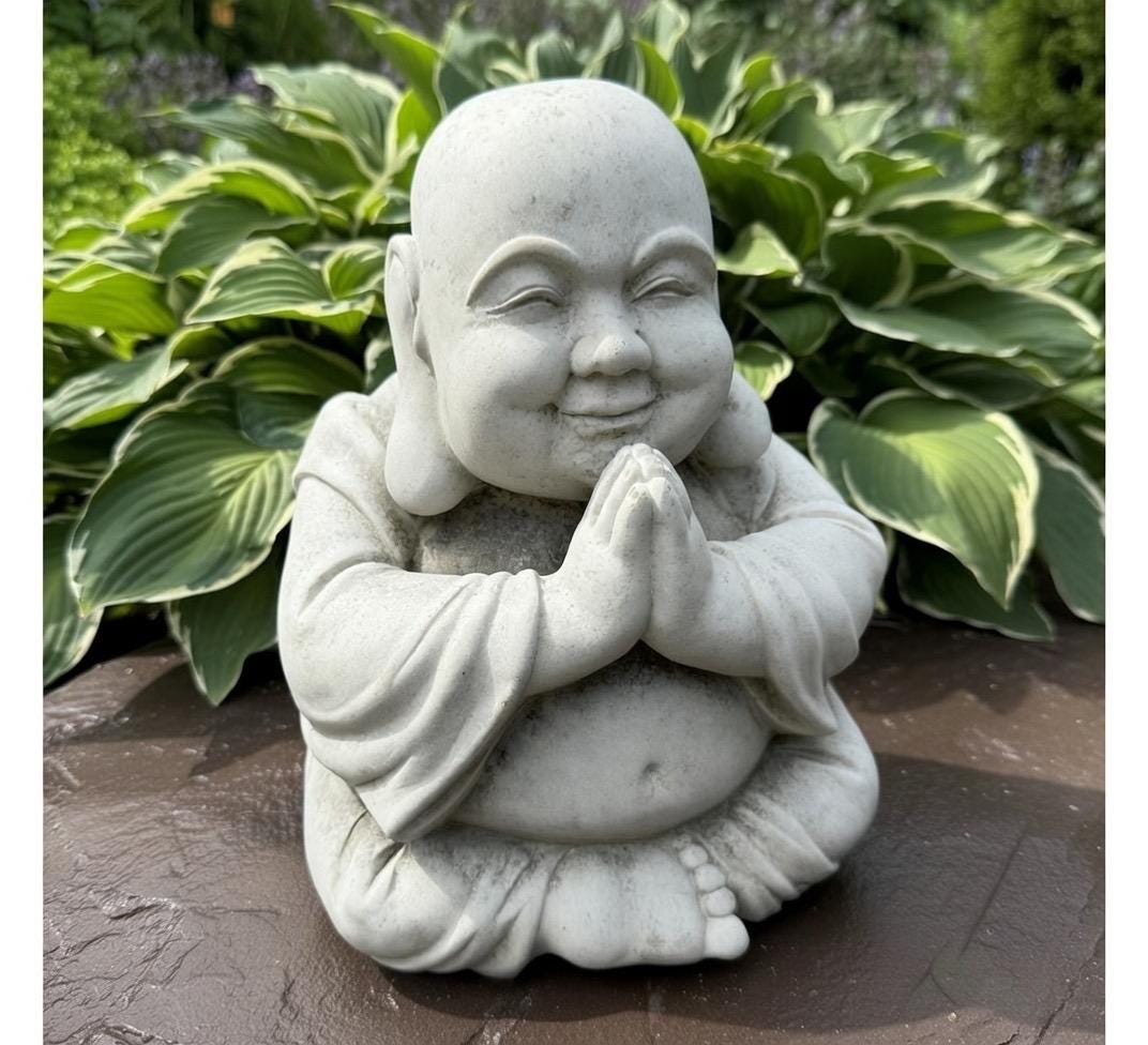 10 Inch Concrete Sitting Buddha Statue - Happy Praying Garden Sculpture for Outdoor Zen Space Meditation Decor