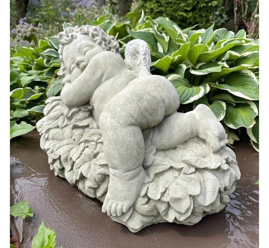 Large Concrete Sleeping Angel Statue on Leaves 17 inch Garden Sculpture Outdoor Memorial Yard Decor