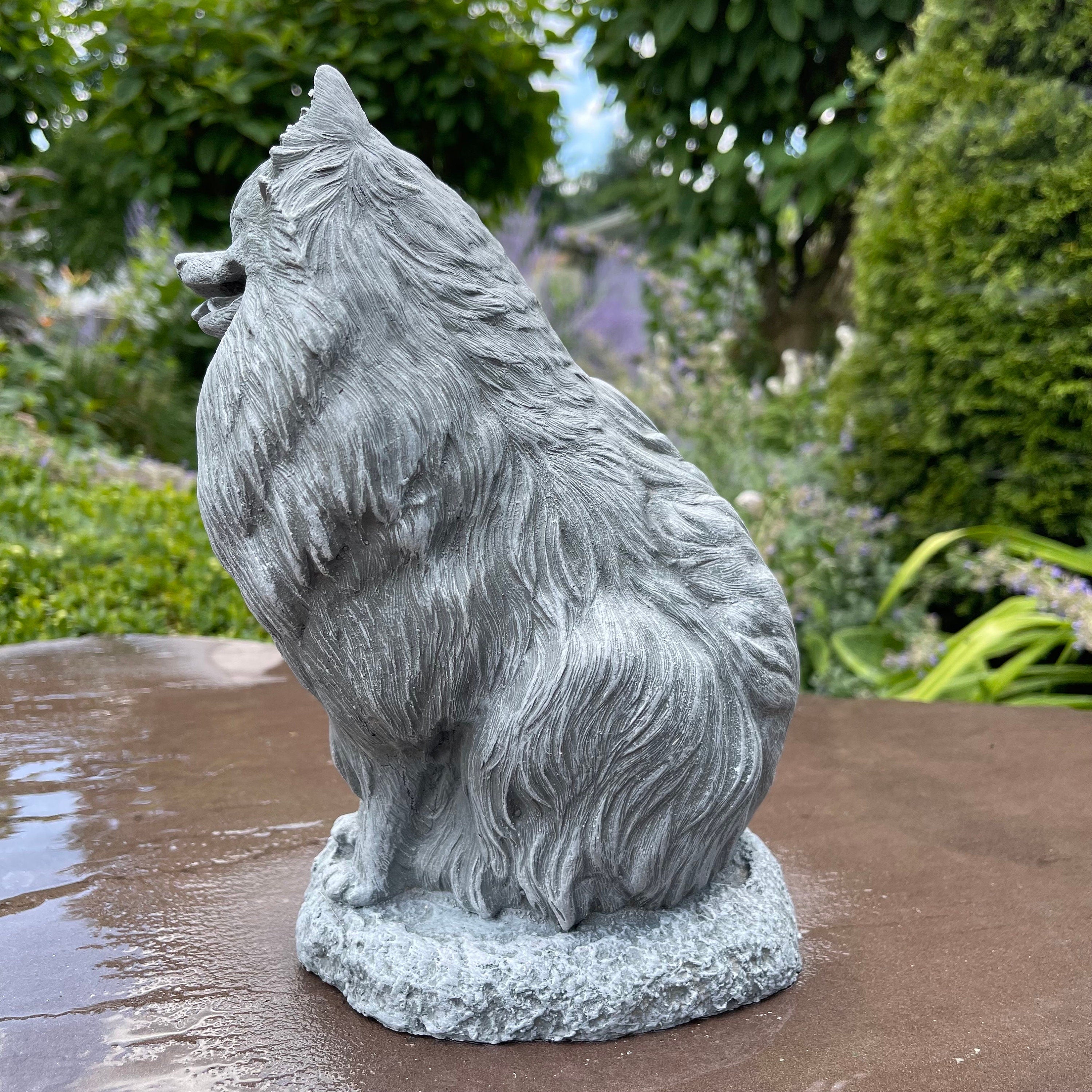 Handmade Painted Concrete Pomeranian Dog Statue Garden Memorial Sculpture Yard Art Ornament Pet Gift