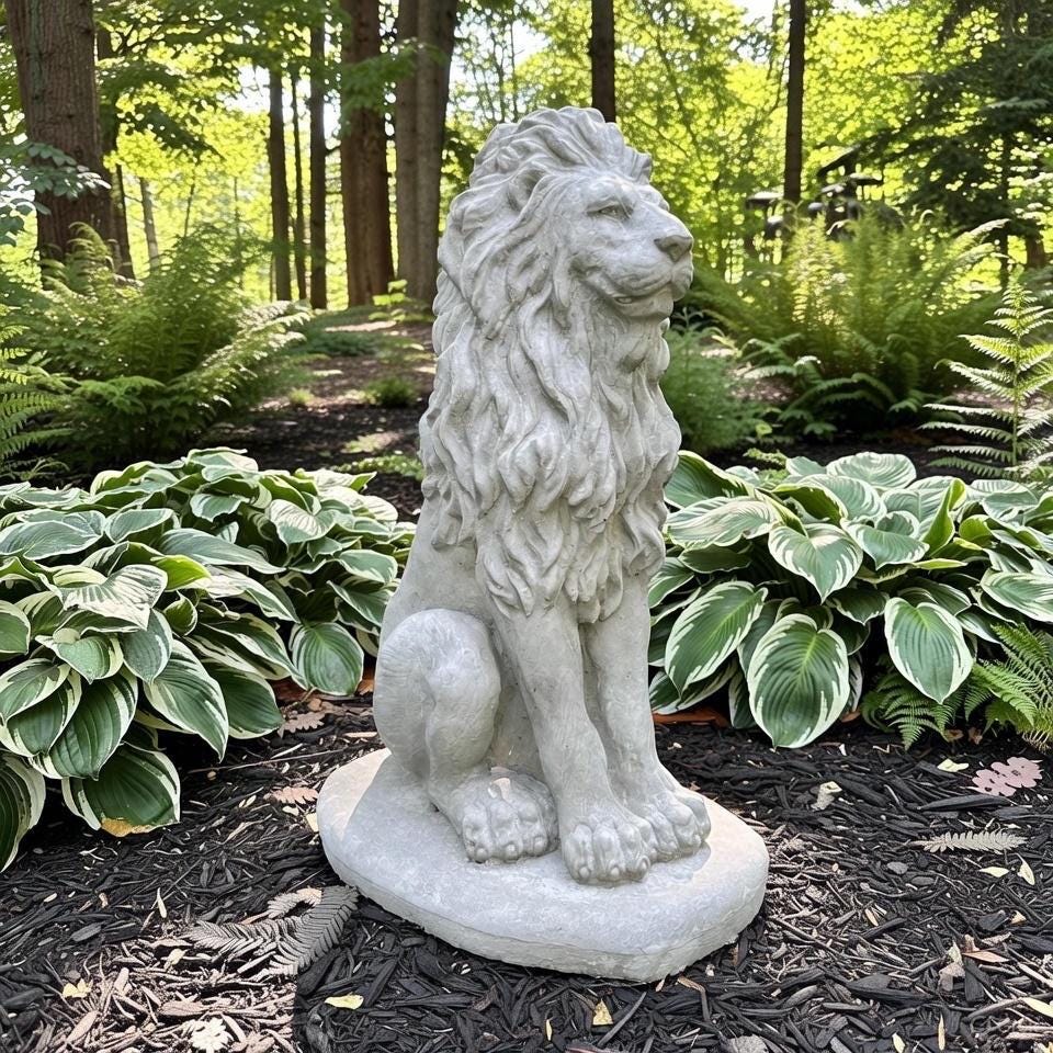 Sitting Concrete Lion Statue 16.5" Garden Sculpture Outdoor Lawn Ornament Animal Figure Yard Art Decor