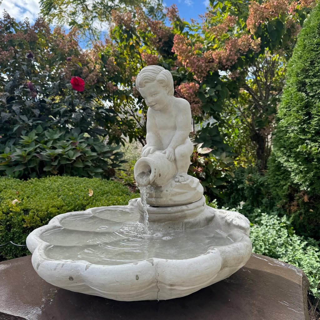23" Concrete Shell Bowl Fountain Boy Jar Statue Outdoor Garden Water Feature