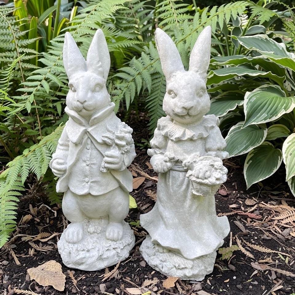 Large Lily Bobtail & Peter Rabbit Garden Statue Set 17" Beatrix Potter Outdoor Sculptures Cement Yard Decor