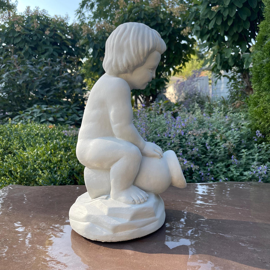 Concrete Boy on Jar Fountain Spitter 15" Outdoor Garden Statue Pond Spout Water Featureq