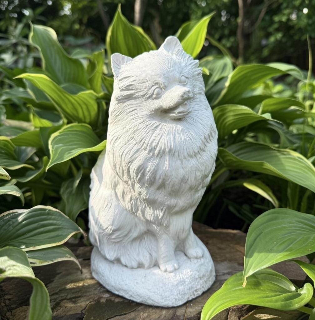 10 Inch Pomeranian Garden Statue: Hand Painted Cement Dog Memorial Sculpture Outdoor Yard Decor Gift