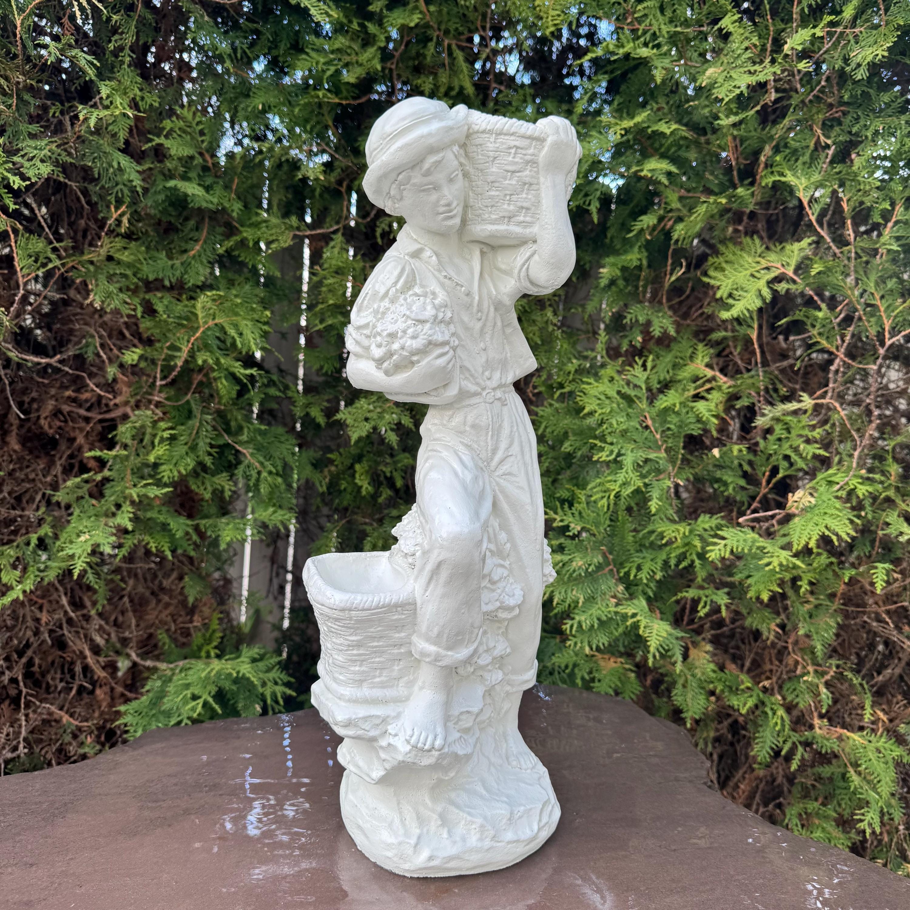 21" Italian Concrete Man Garden Statue: European Style Cement Lawn Ornament Classical Mediterranean Roman Decor
