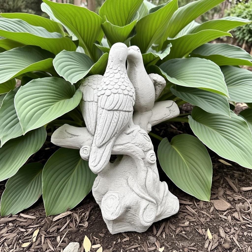 Whimsical Kissing Doves 15" Concrete Garden Statue - Painted Bird Art Outdoor Valentine's Day Gift