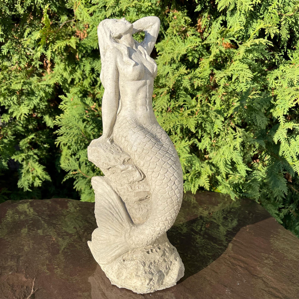 15 inch Concrete Mermaid Sculpture: Coastal Garden Statue Decor Ocean Themed Yard Art Lawn Ornament Gift