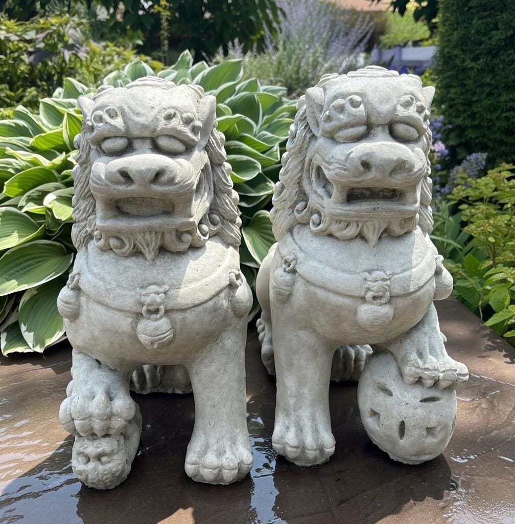 Concrete Foo Dog Statue Pair 14" Male Female Feng Shui Garden Guardians Outdoor Yard Protection Decor