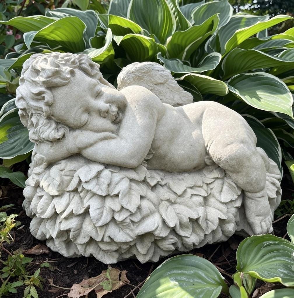 Large Concrete Sleeping Angel Statue on Leaves 17 inch Garden Sculpture Outdoor Memorial Yard Decor