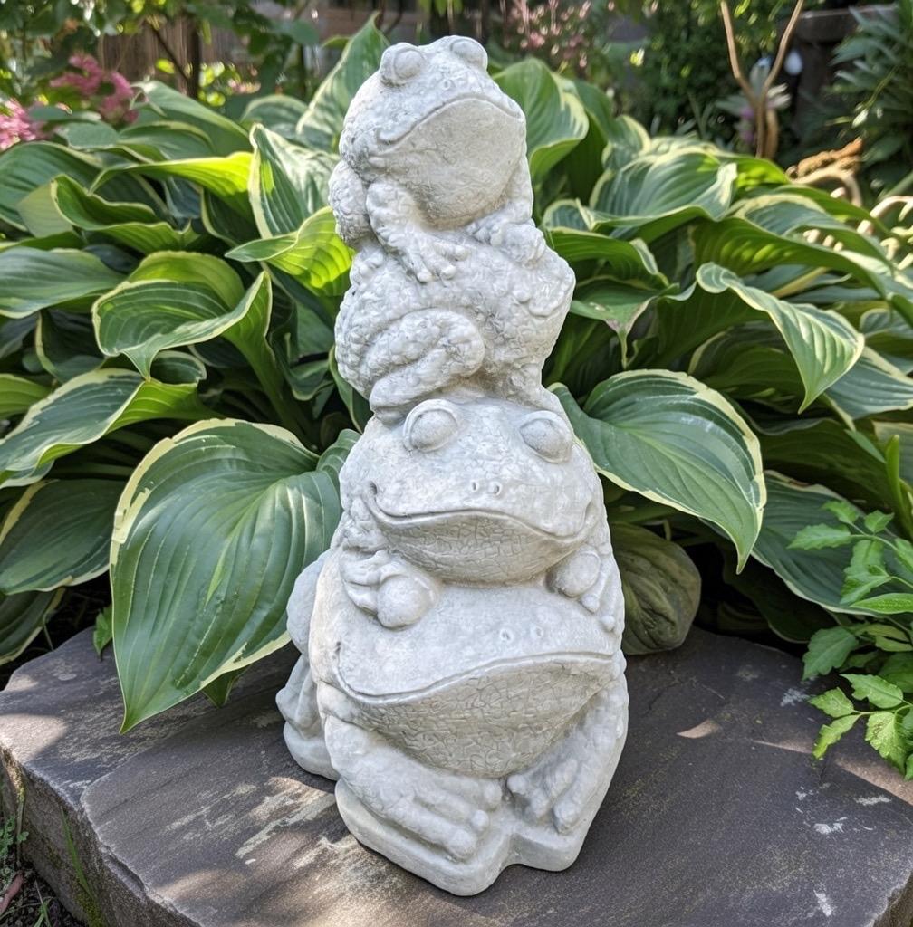Concrete Frog Stack Statue 13 Inch Outdoor Garden Sculpture Stacked Totem Pole Yard Art Lawn Ornament Zen Decor Gift