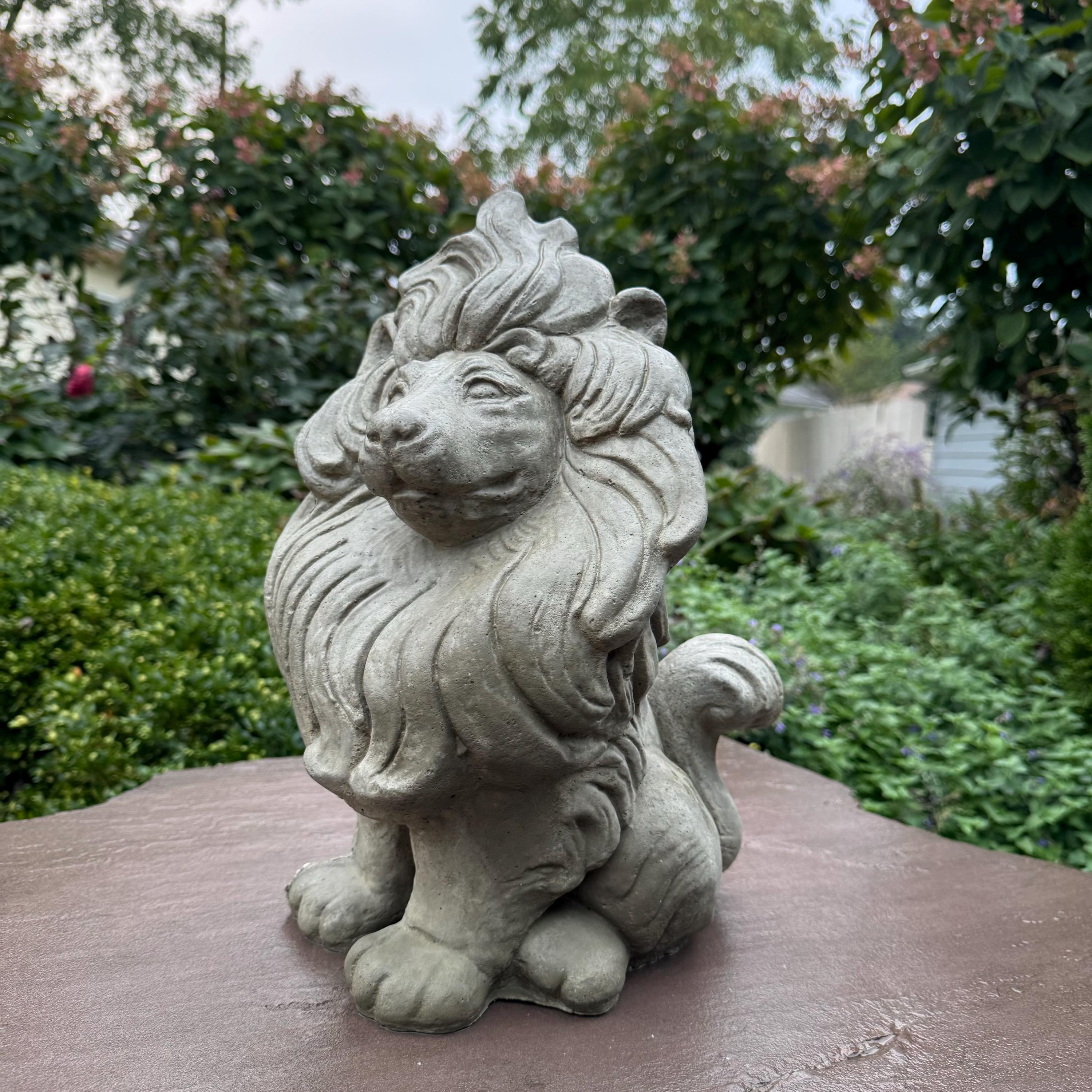 Sitting Concrete Lion Statue 16 Inch Garden Sculpture Outdoor Decor Lawn Ornament Animal Figure Yard Art