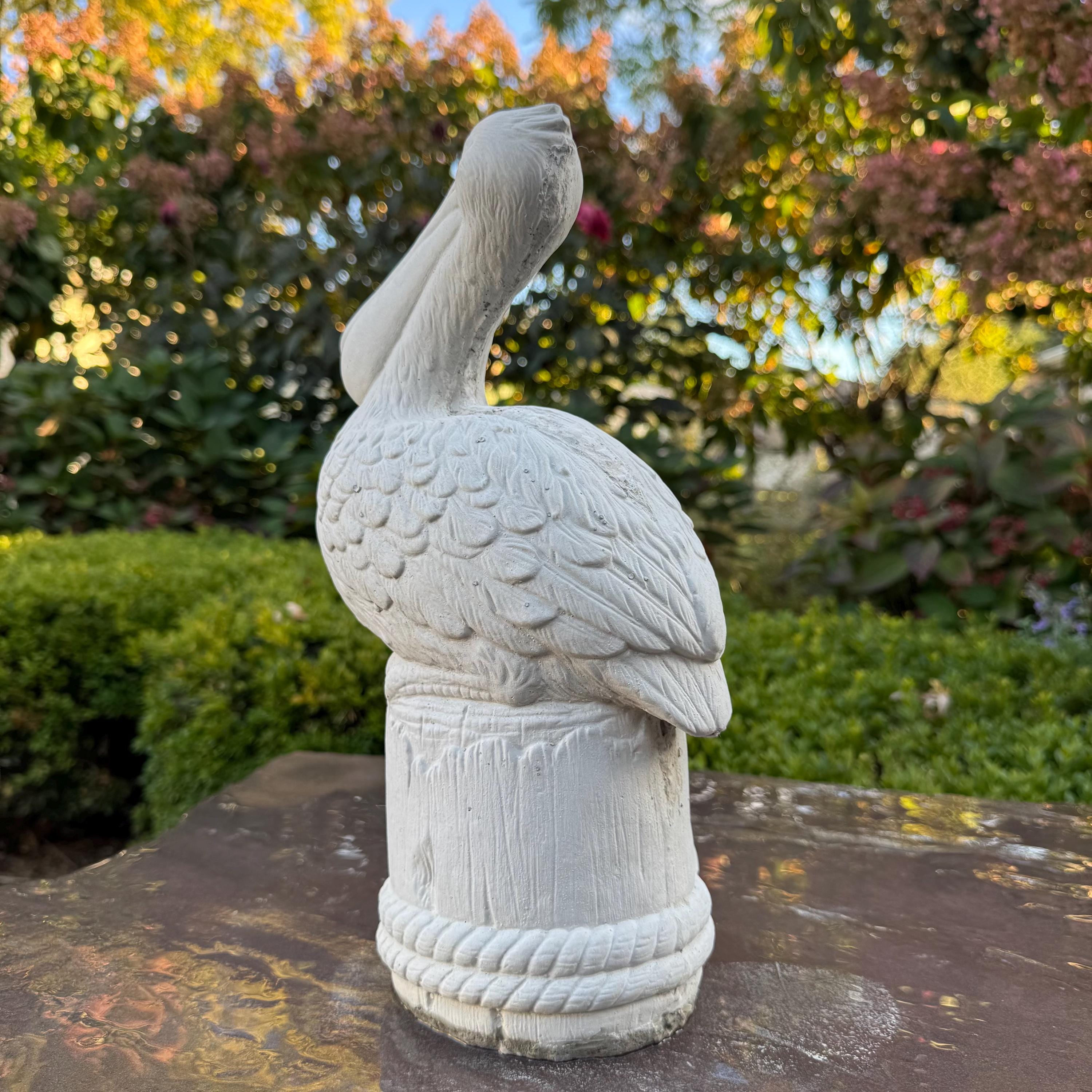 Small Concrete Pelican Garden Statue 13.5" Miniature Bird Sculpture Patio Planter Decor