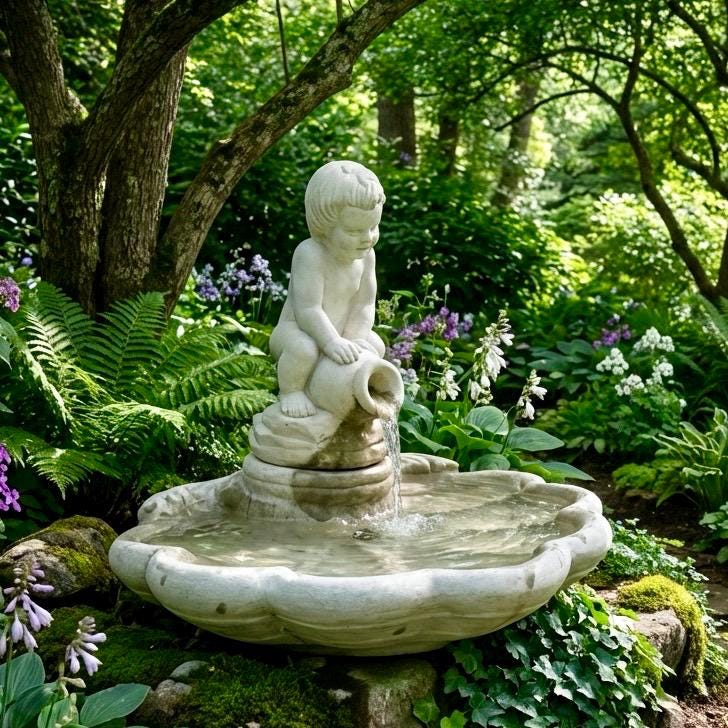 23" Concrete Shell Bowl Fountain Boy Jar Statue Outdoor Garden Water Feature